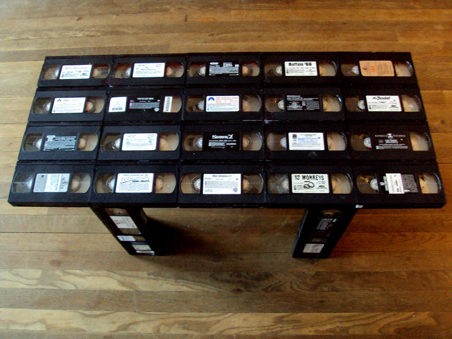 VHS table built entirely from stacked VHS tapes