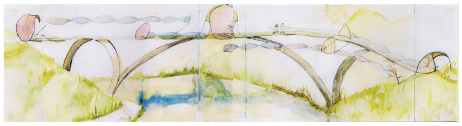 Watercolour elevation of an arched pedestrian bridge crossing a lake, with coloured glass viewing points