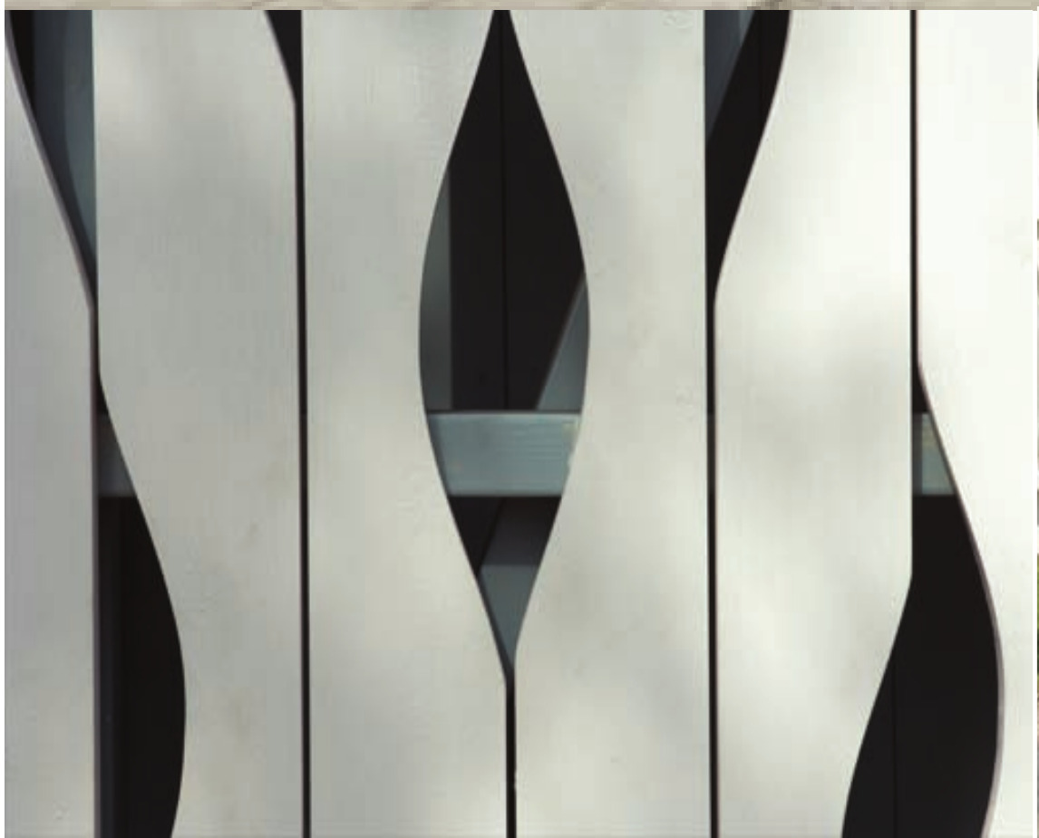 Close view of the spruce cladding, cut into tall interlocking leaf shapes
