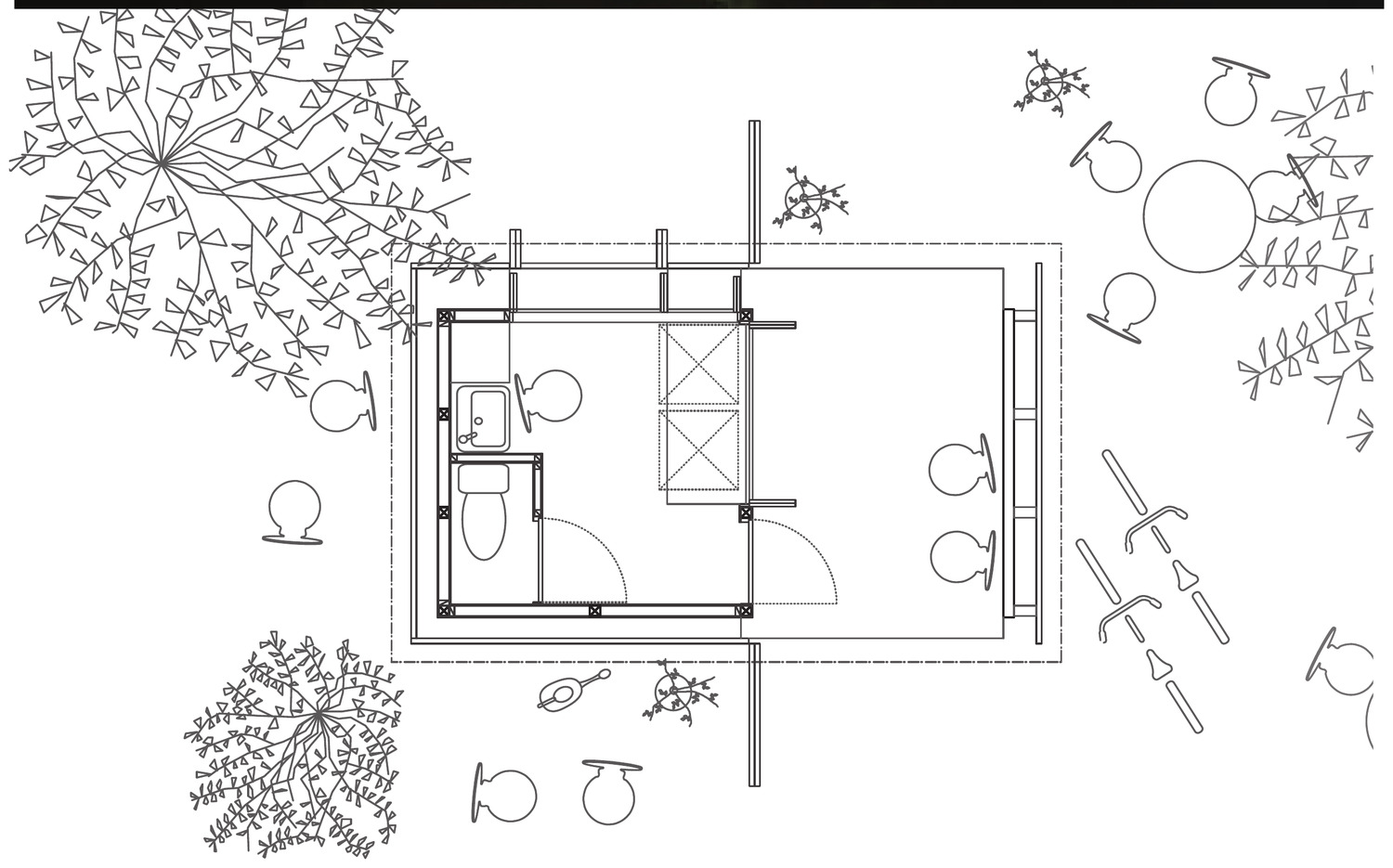 Line-drawn site plan of the kiosk in its seaside setting, with trees and furniture