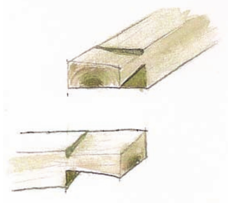 Two sketches of the interlocking corner joint used in the log construction