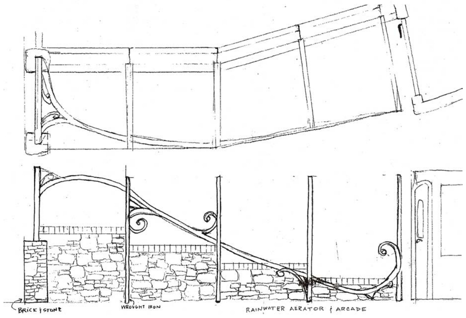 Ink drawing of a stepped rainwater fountain and shaded entry arcade in brick, stone and wrought iron