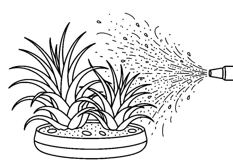 Line drawing concept of air plants in a gravel dish being misted